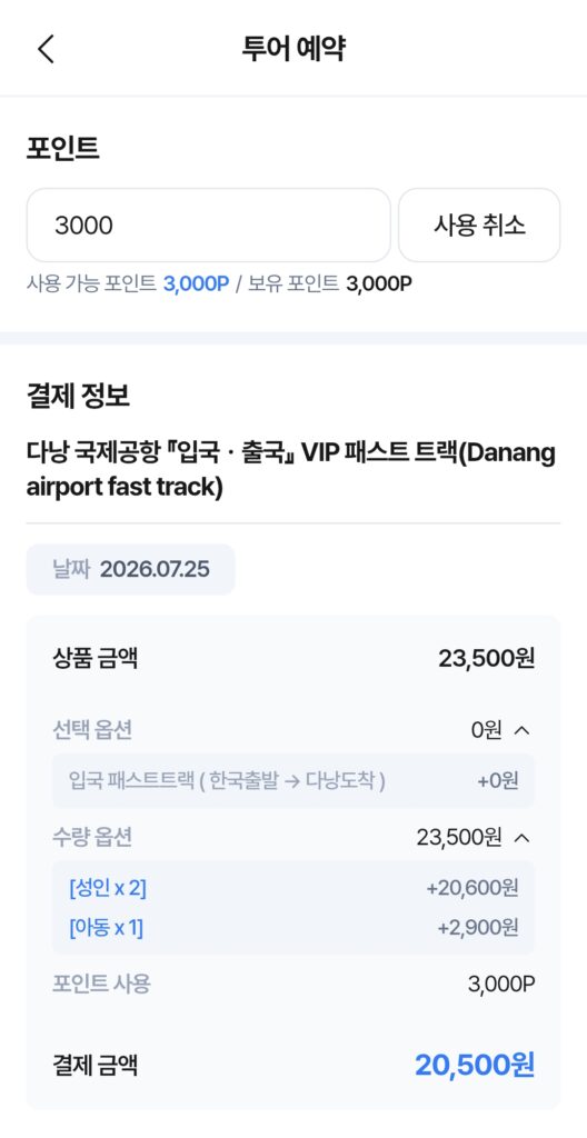 다낭 패스트트랙 3인 결제 금액 20500원 확인